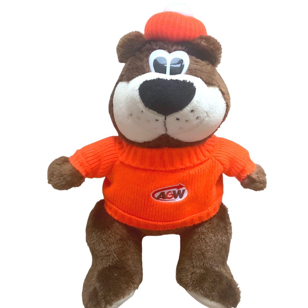 Vintage A&W Root Beer Rooty Bear Plush 15" Orange Sweater Hat Restaurant Mascot